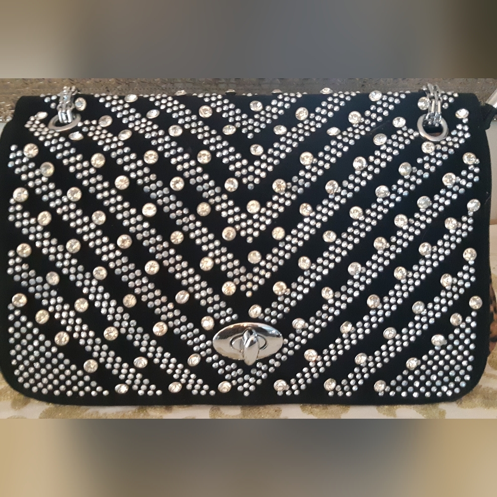 New (slight Flaw) Elegant Black Animal Print Studded Shoulder Bag Or Crossbody
